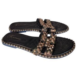 Kristi Prisciandaro Sandals Black Leather Gold Studs Flat Womens 8